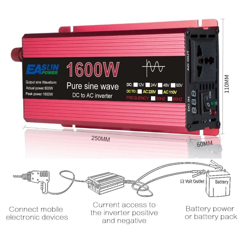 Tiszta színuszos inverter 12V/60Hz 1600w 